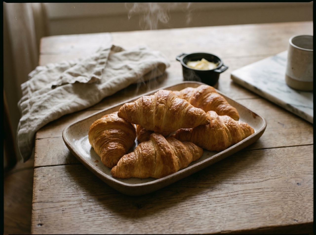 A tray of golden croissants in soft morning light