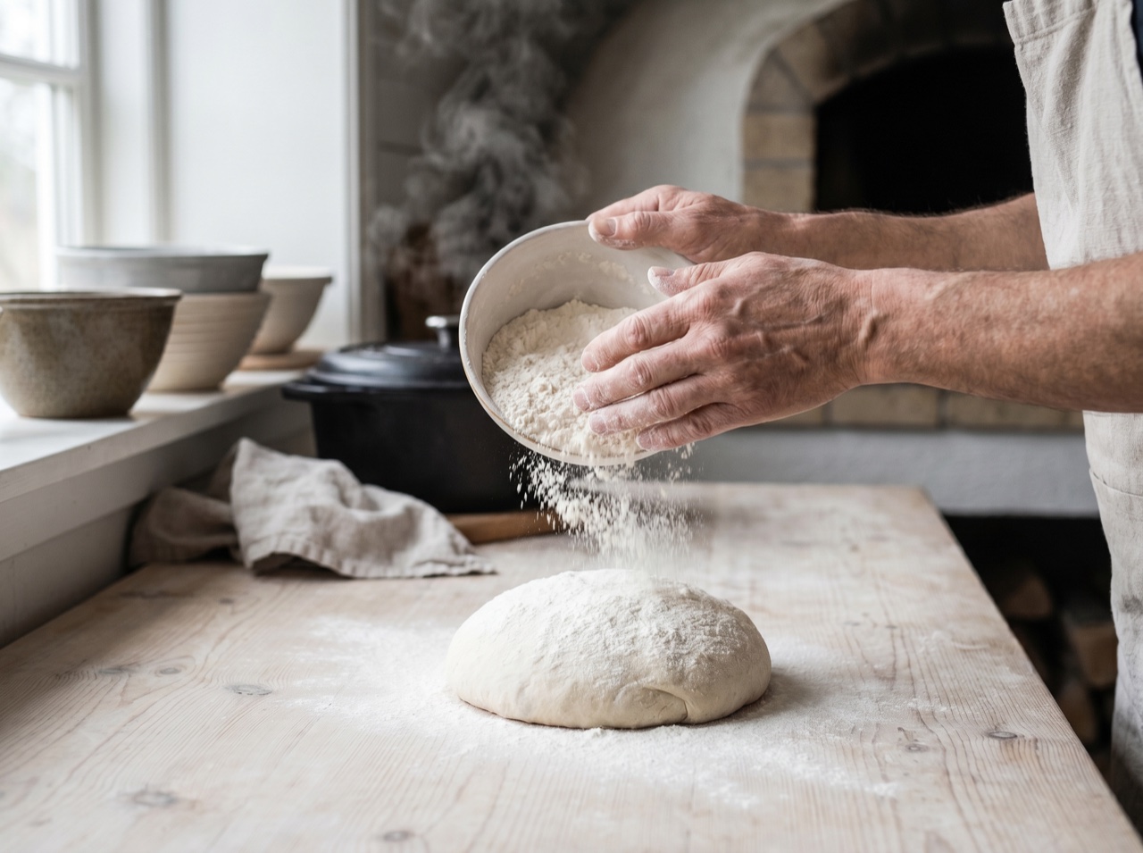 Hands dusting flour over fresh dough on pale wood