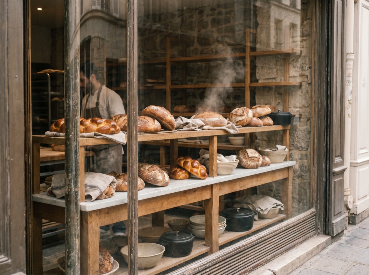A sunlit bakery storefront with bread in the window
