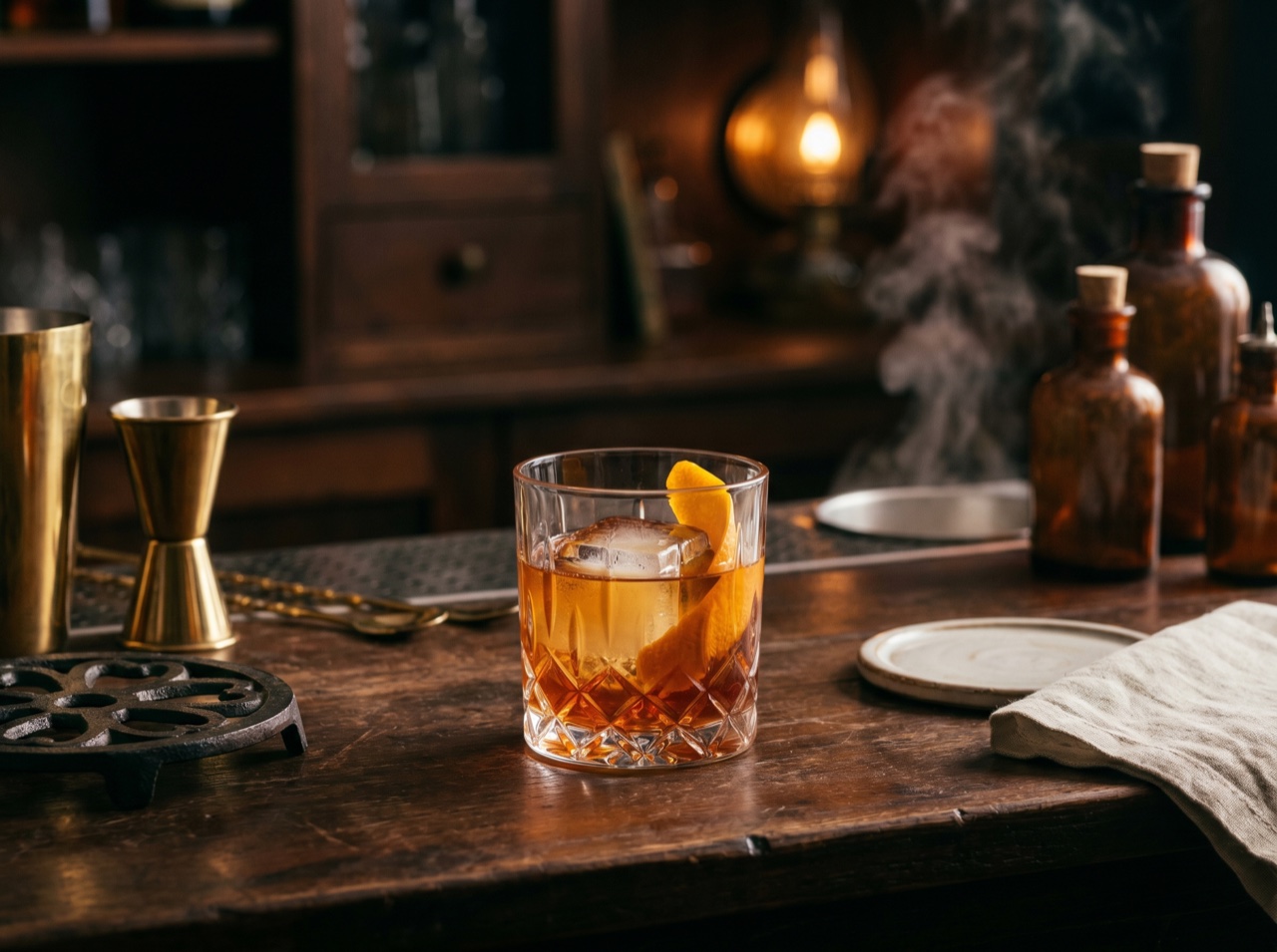An amber craft cocktail glowing in low bar light