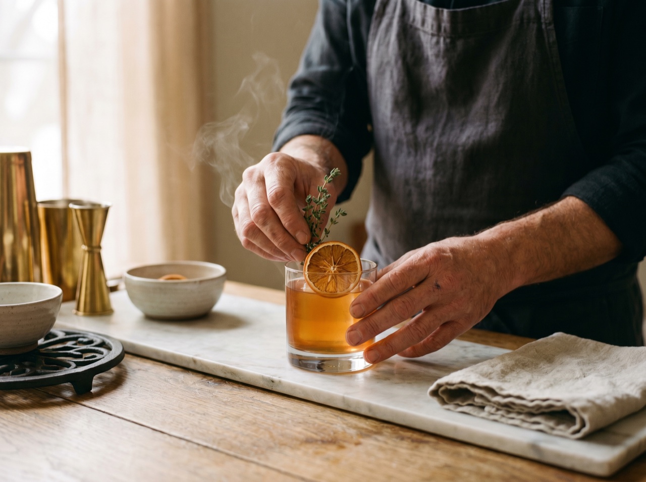 A bartender's hands finishing a cocktail with a garnish