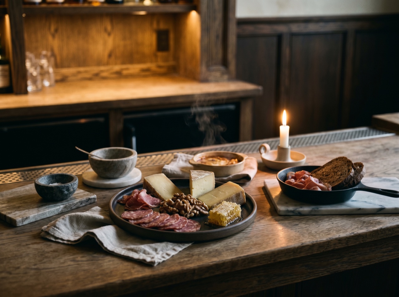 A cheese and charcuterie board by candlelight at the bar