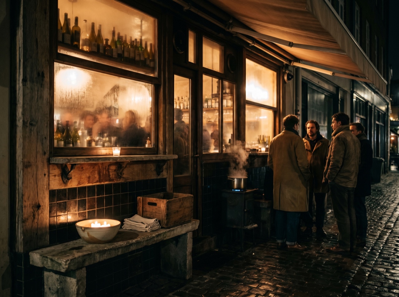 A glowing bar front on a dark street at night