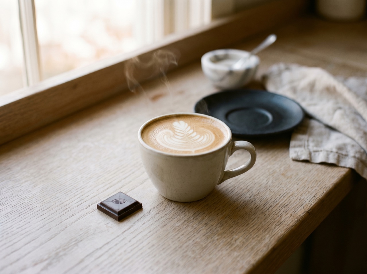 A flat white beside a small square of dark chocolate on pale wood
