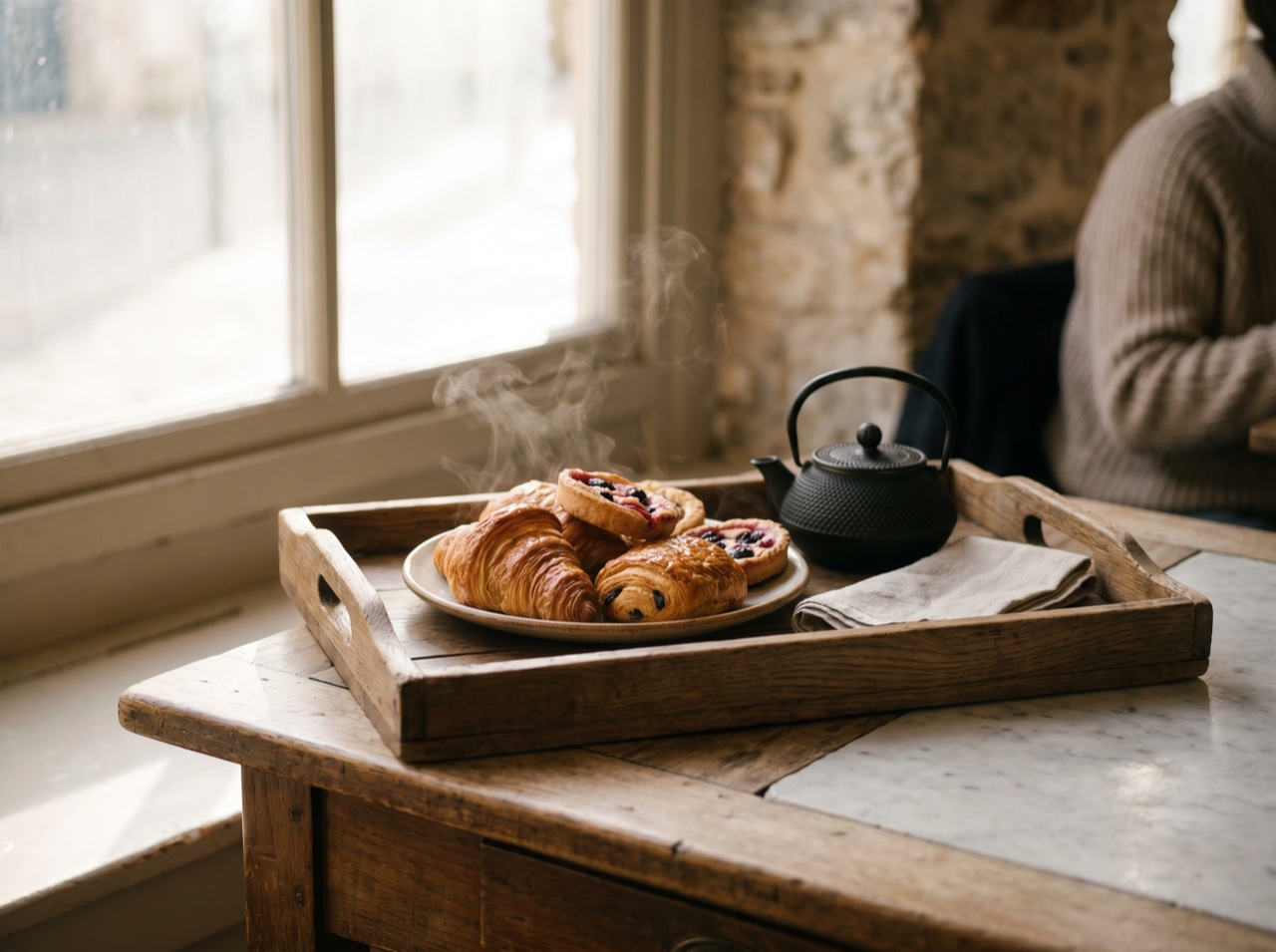 A tray of pastries in soft morning light