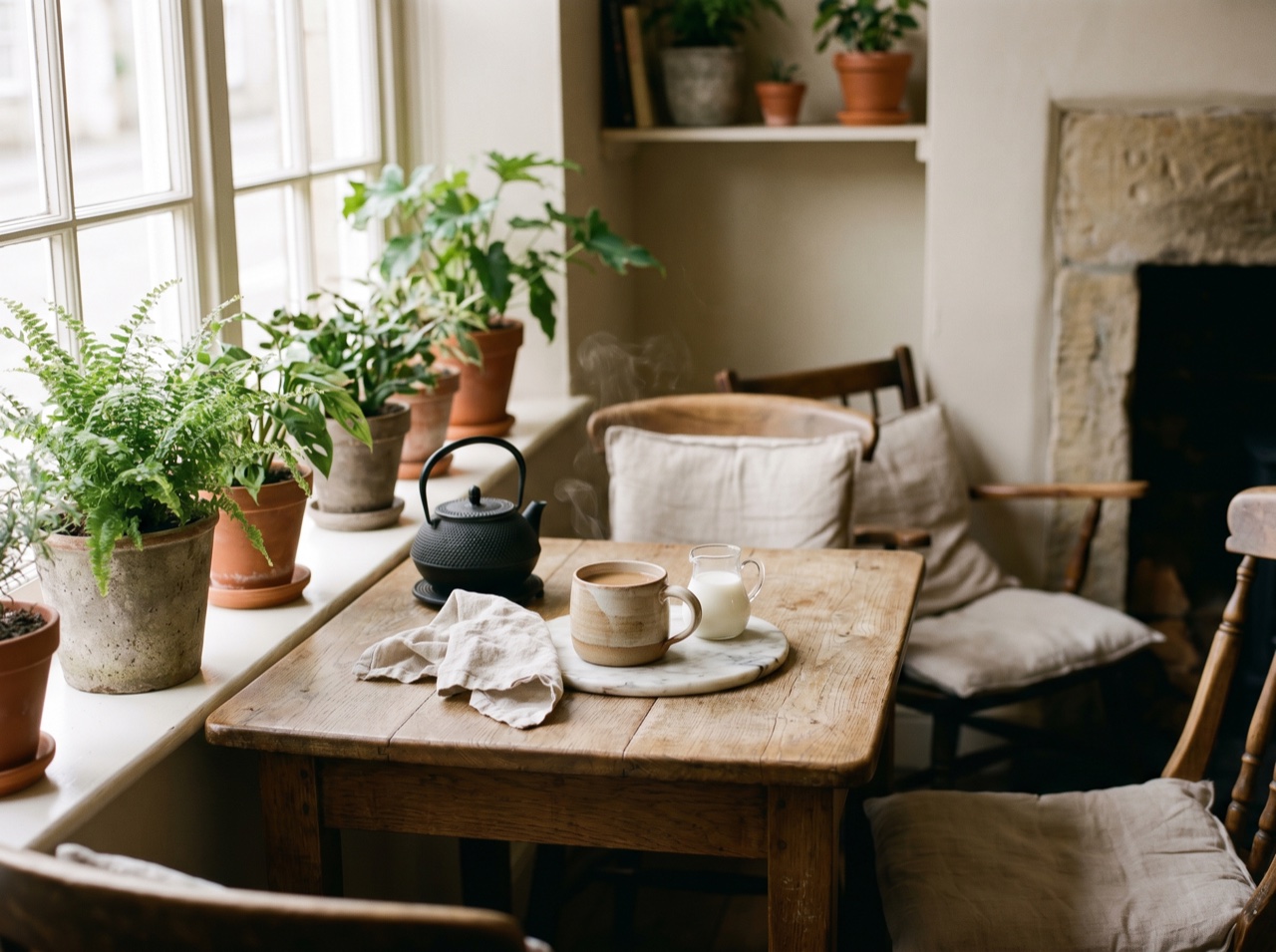 A warm café corner with a single cup and morning sun