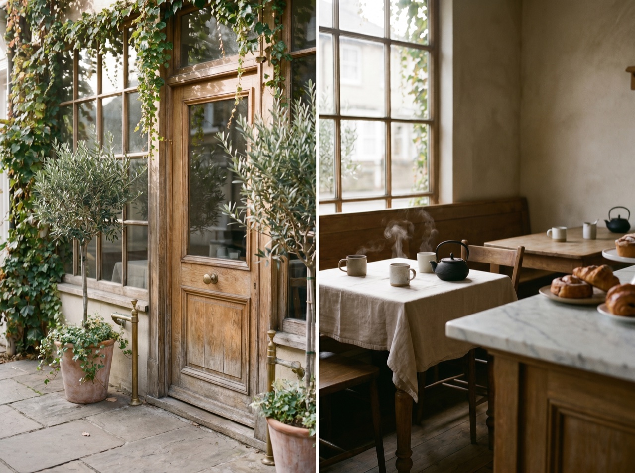 A sunlit café storefront framed by greenery