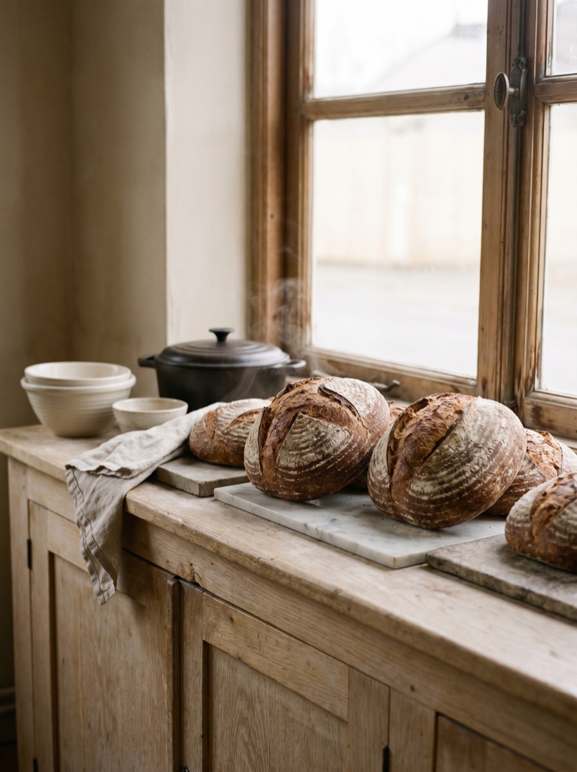 An artisan bakery counter at dawn — warm sourdough, flour dust, pale wood, soft window light