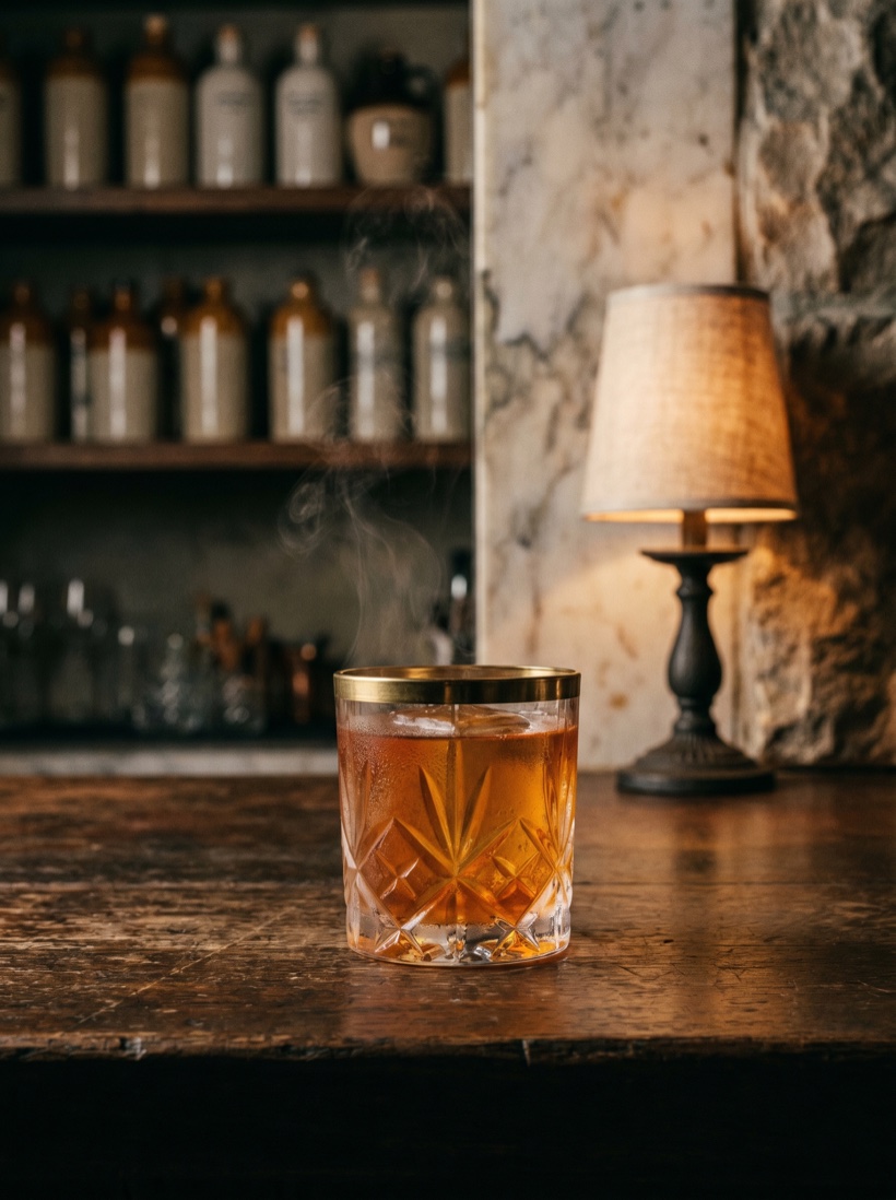 A moody cocktail bar at night — a single craft cocktail, amber light on glass, dark wood and brass