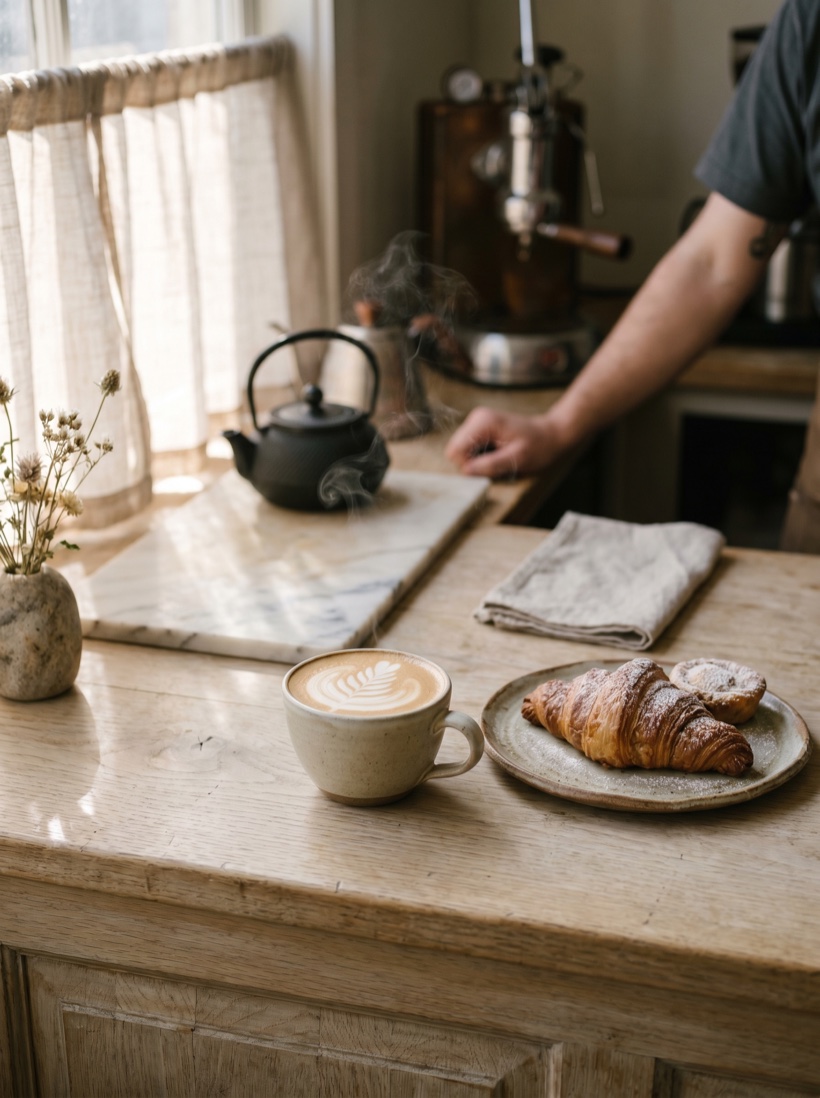 A warm café counter in morning light — a flat white with latte art, pastries, pale wood and steam