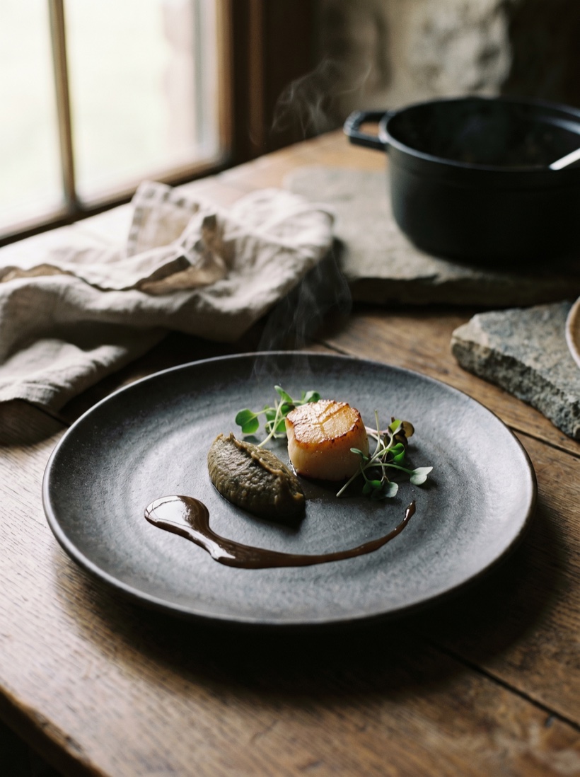 An exquisitely plated fine-dining course on dark ceramic, gold and shadow, restrained and precise