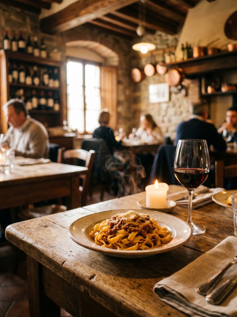A warm trattoria interior at golden hour — worn wood tables, a single plate of pasta, soft candlelight