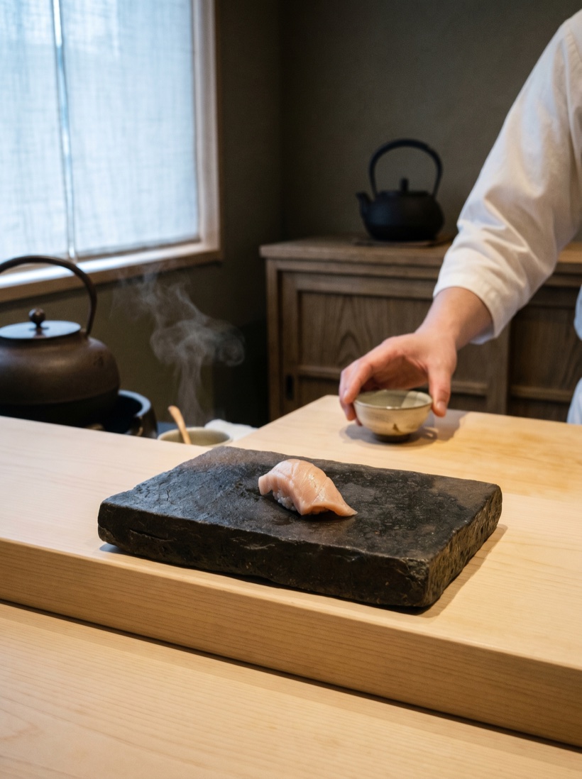 An omakase counter — a single piece of nigiri on dark stone, hinoki wood, precise and minimal