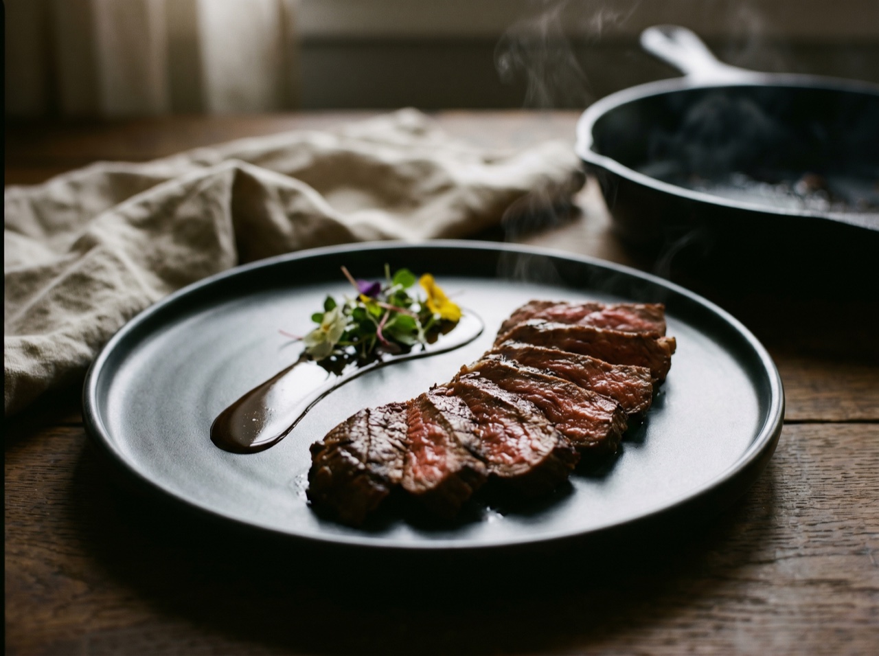 A charcoal-grilled bavette steak with bone marrow, dark warm plating