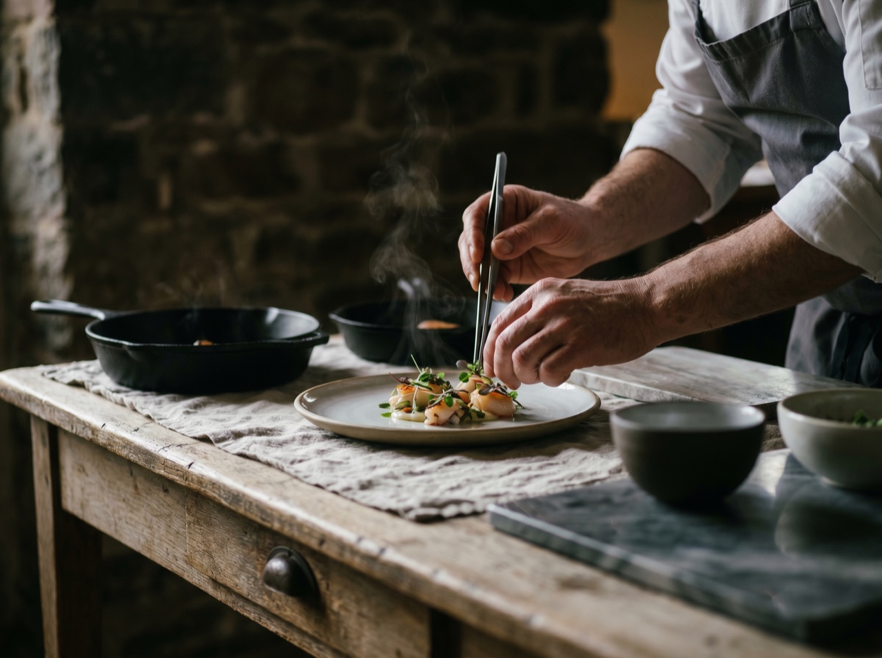 A chef's hands finishing a delicate course with tweezers