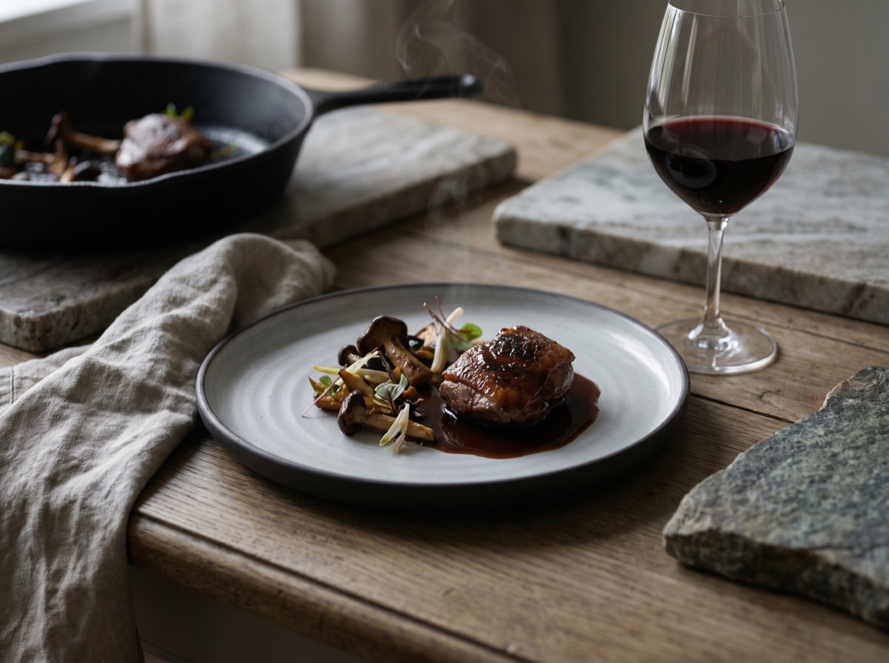 A close detail of an elegant plated course and wine pairing