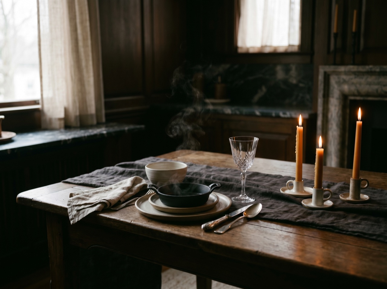 A candlelit fine-dining table set with precision