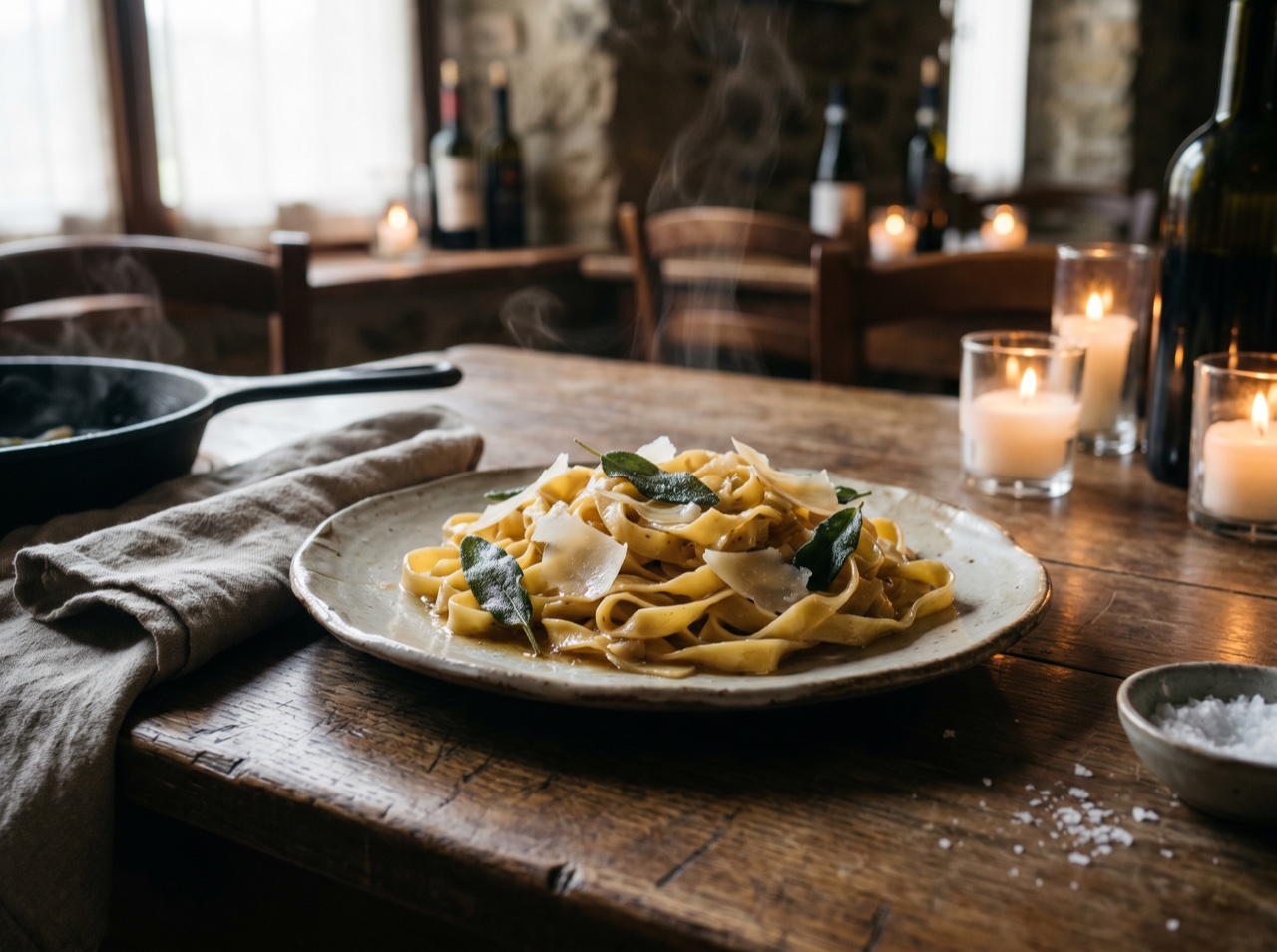 A plate of hand-cut tagliatelle in brown butter, warm restaurant light