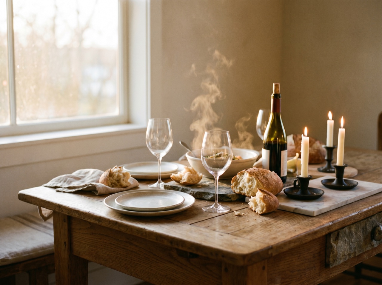Warm candlelight across a set table with wine and bread