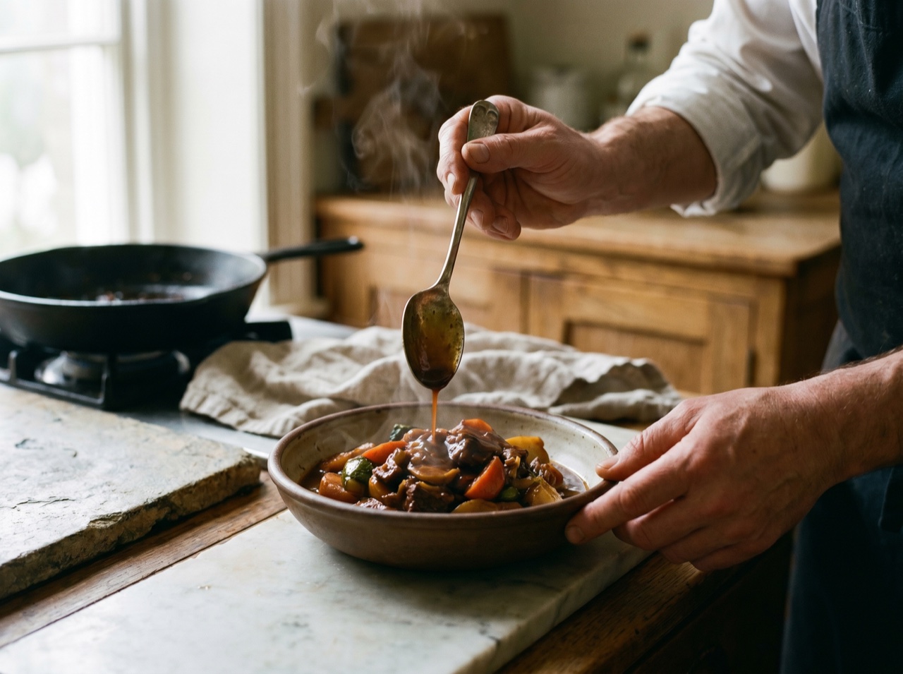 A close detail of a warm, rustic dish being finished by hand