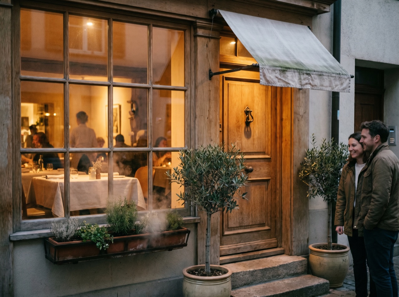 A warm restaurant entrance glowing at dusk