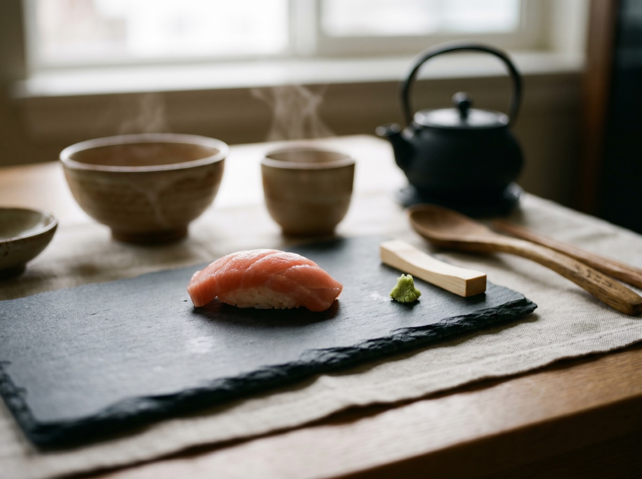 A single piece of nigiri on a dark stone slab in calm light