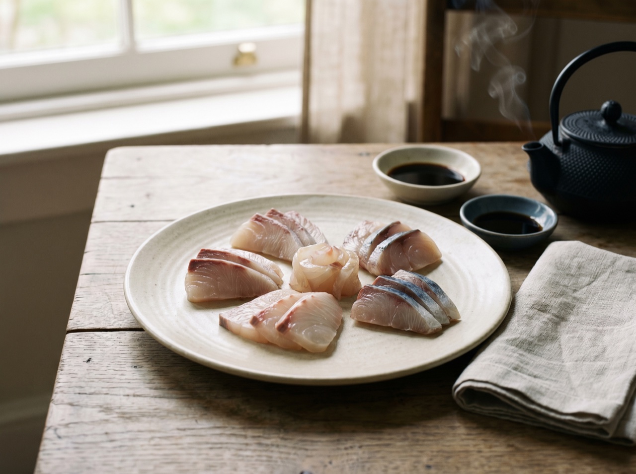 An array of sashimi arranged with precision on ceramic