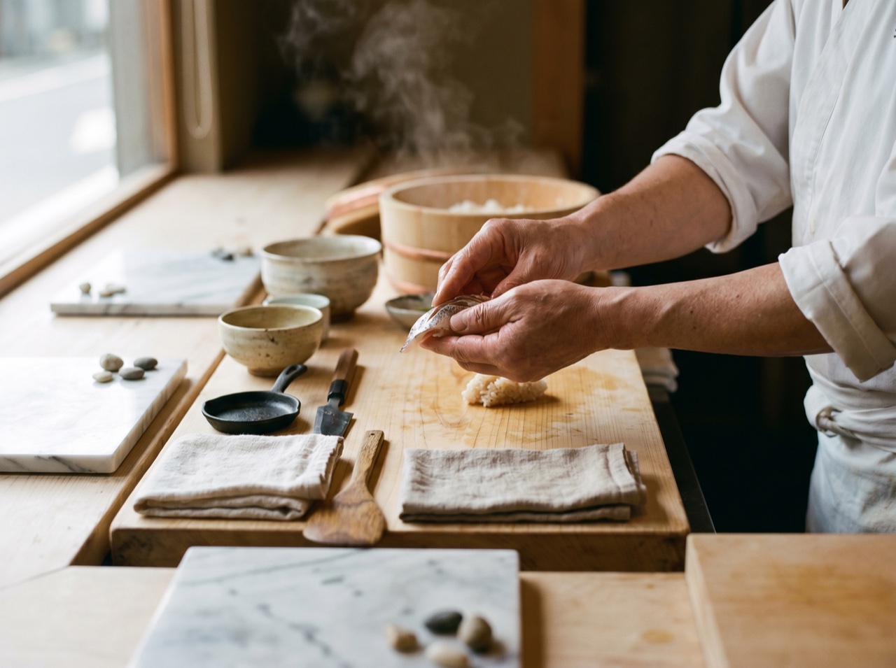 A chef's hands forming nigiri at the counter