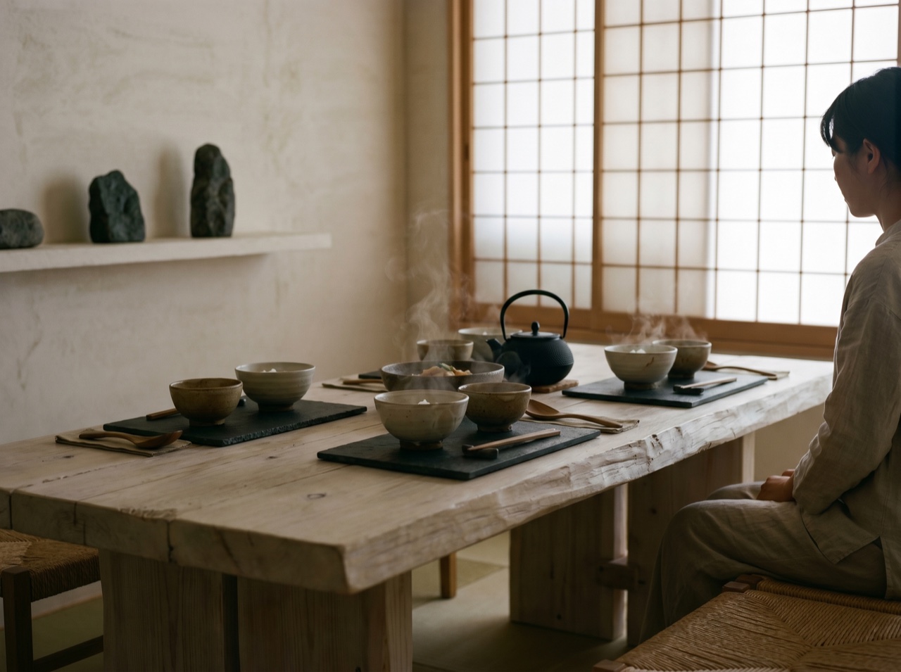 A minimal Japanese dining room in calm evening light