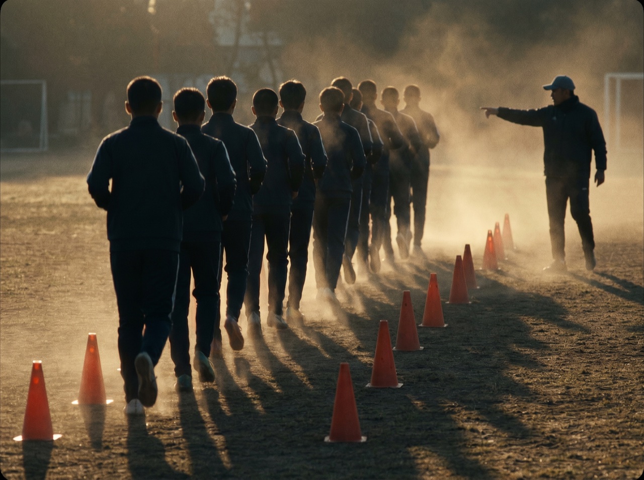 A coach drilling young athletes through cones in morning light