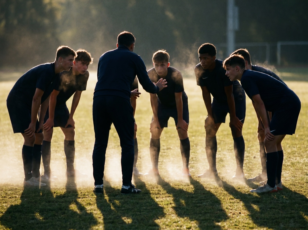 A coach briefing a young squad before a session