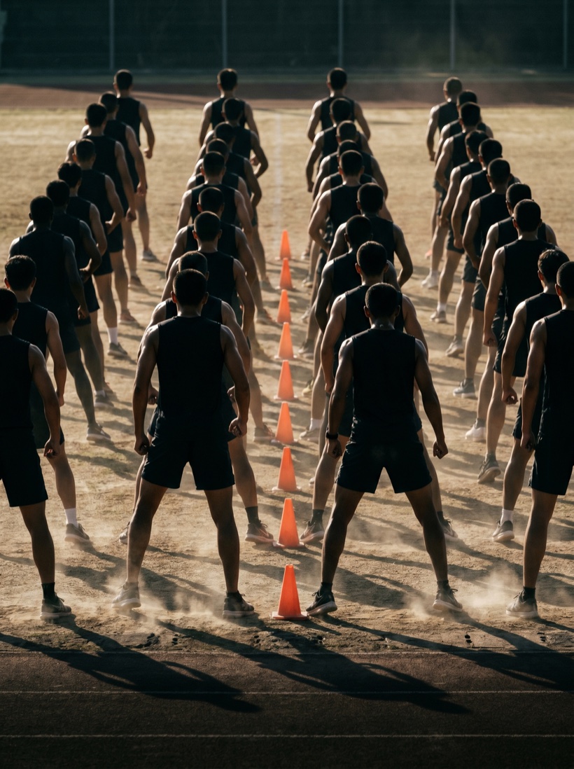 A youth training session in morning light — coaches drilling young athletes, cones and disciplined formation