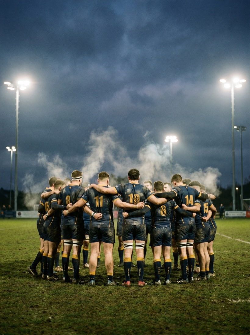 A floodlit pitch at dusk — a team in formation, breath in cold air, club colours under stadium light
