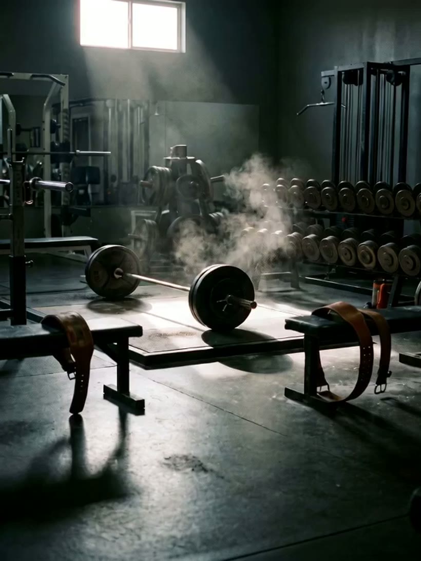 A low-lit strength gym — racked plates, a loaded barbell and chalk dust drifting in a shaft of hard light, polished concrete and deep shadow