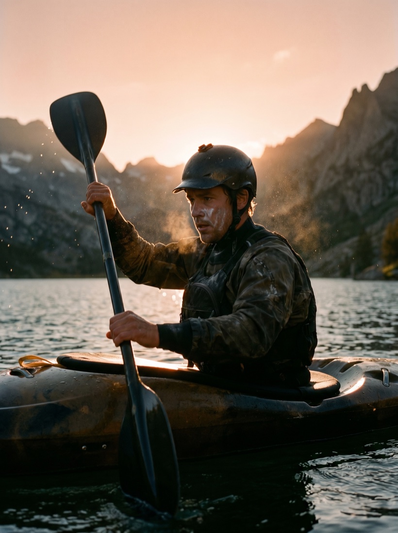 A wide outdoor adventure scene at golden hour — a kayak on still water, mountains and open sky, expansive light