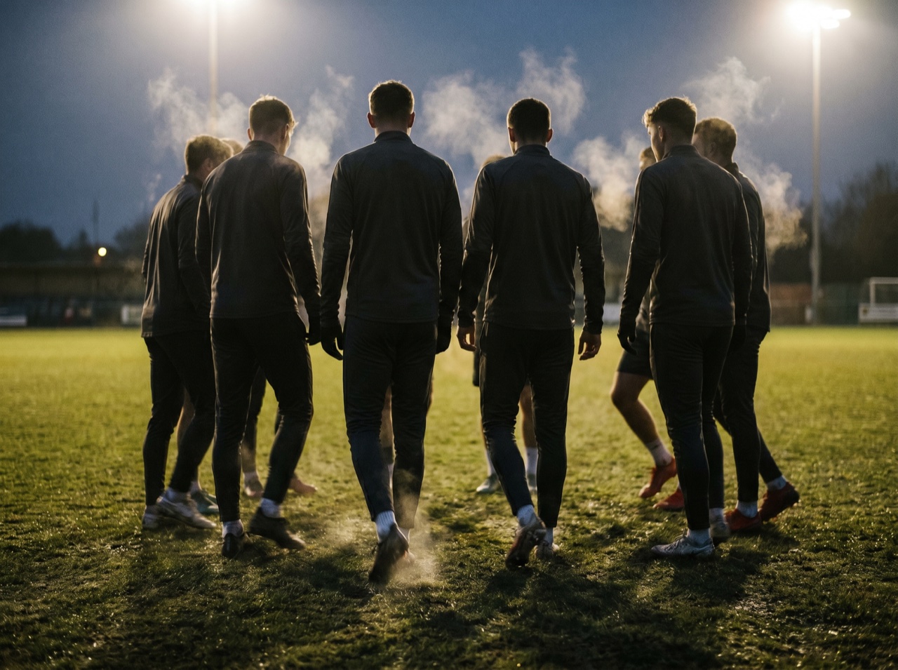 A team in formation on a floodlit pitch at dusk