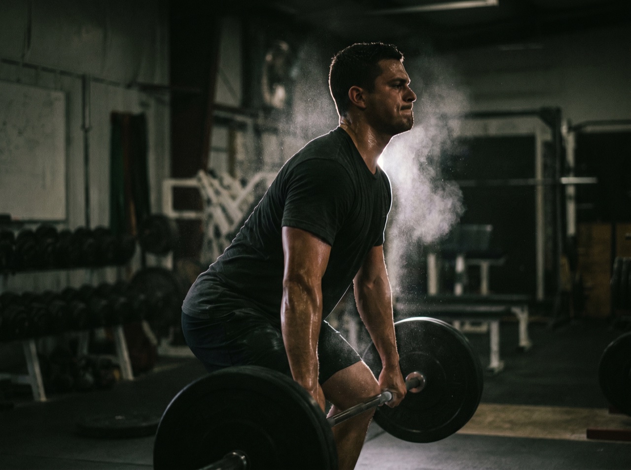 An athlete mid-lift under hard rim light, maximum effort