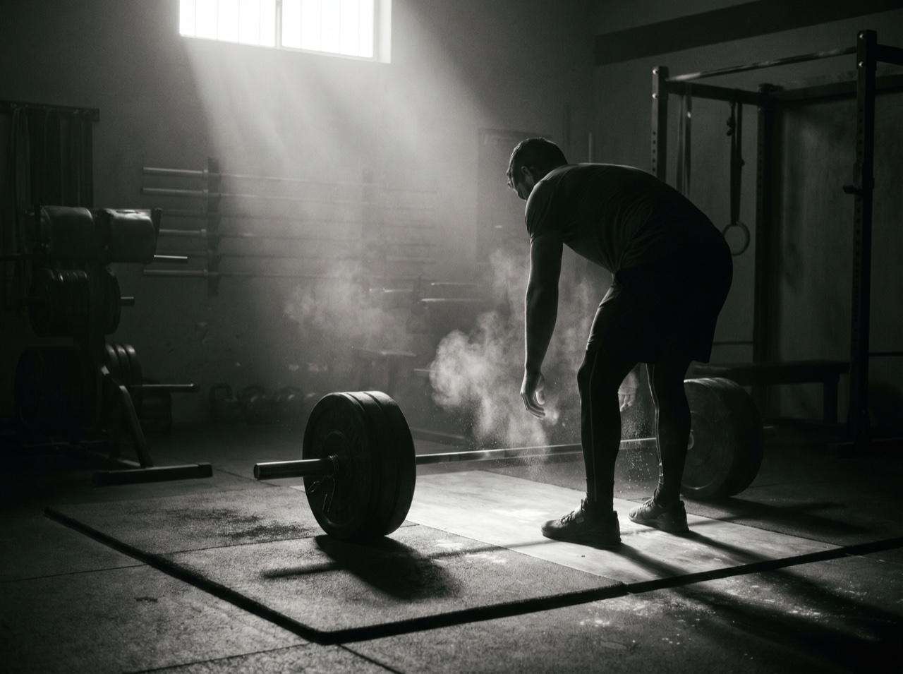 Chalk dust catching light over a loaded barbell