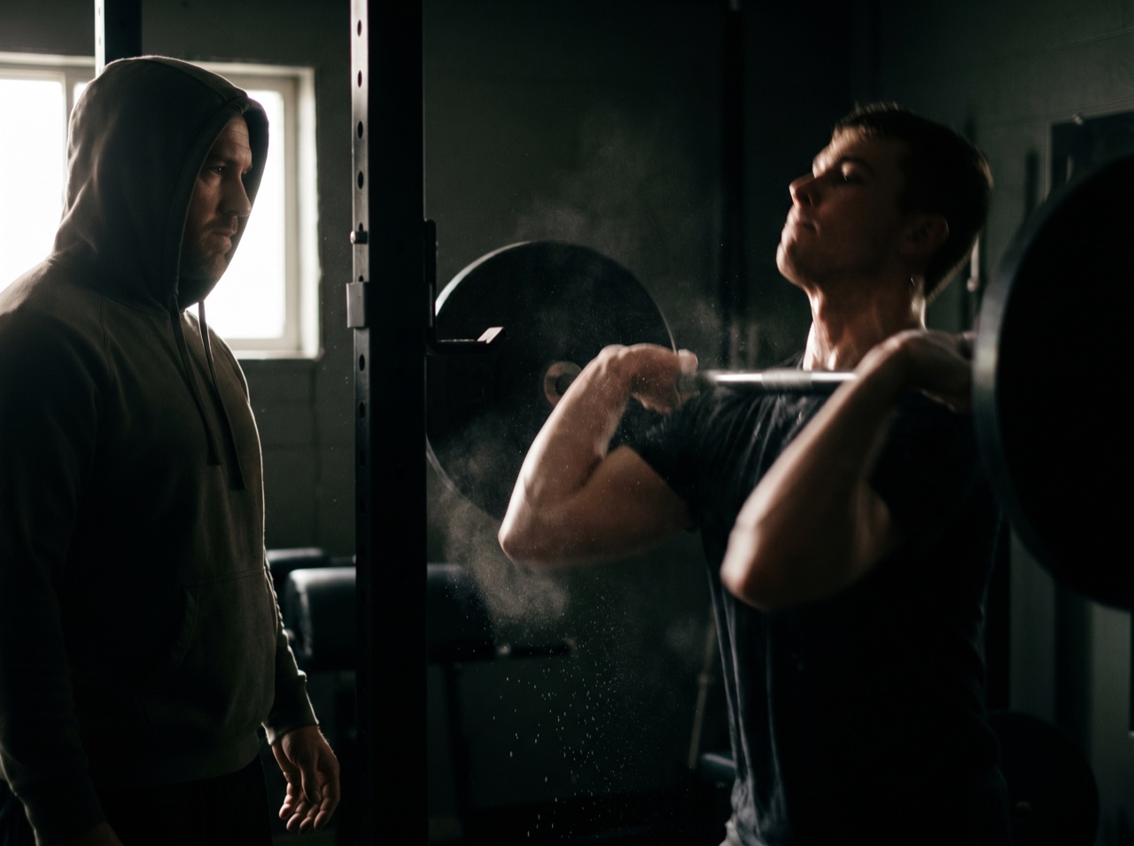 A coach watching an athlete through a hard working set