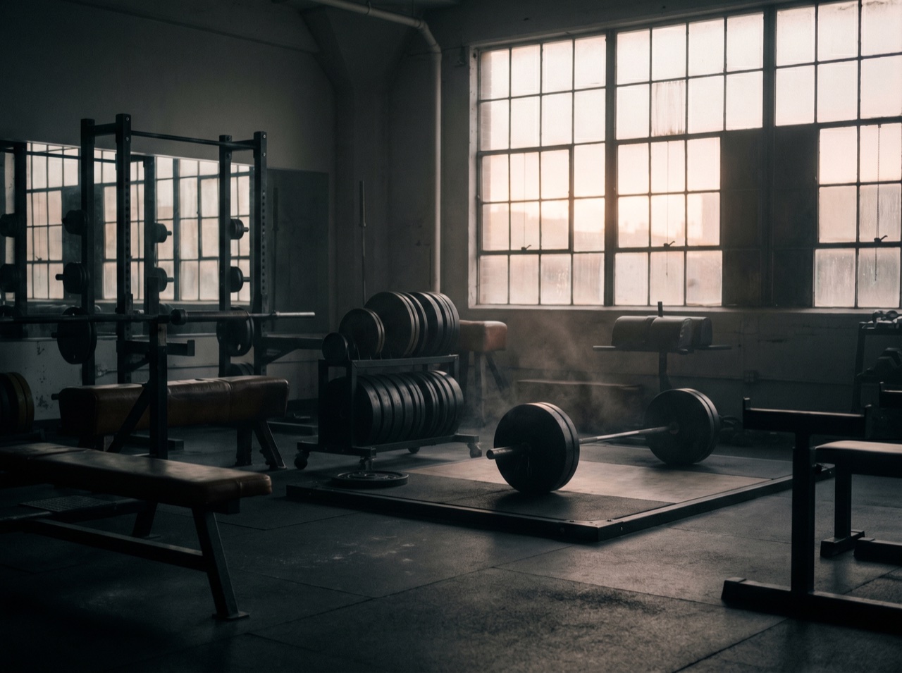 A gym floor at dawn before the first session, calm and charged