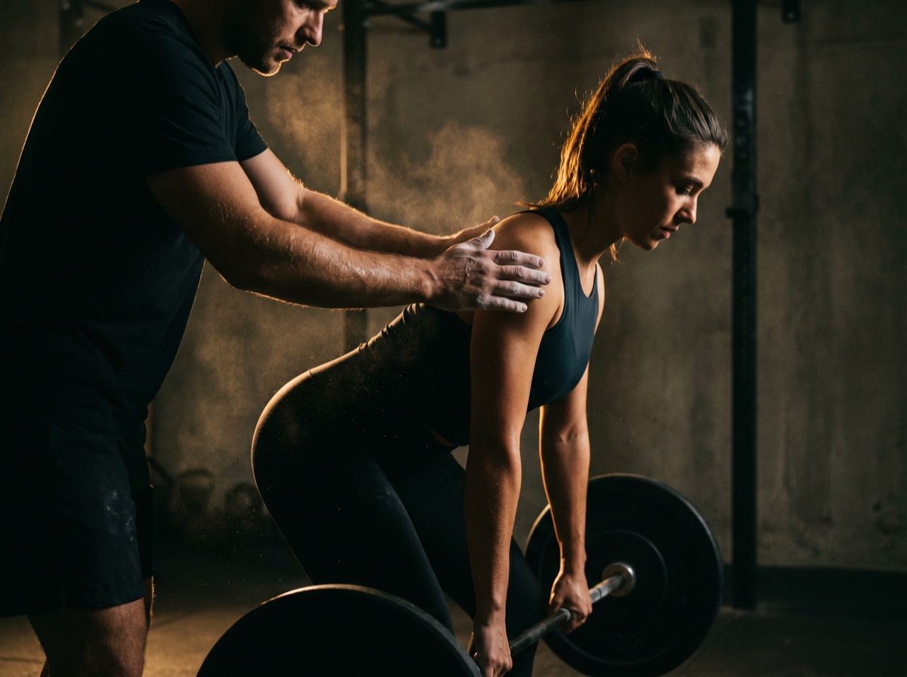 A coach correcting an athlete's form mid-set in hard light