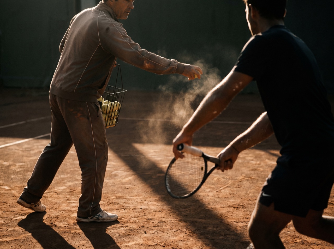 A coach feeding balls to a player during a drill