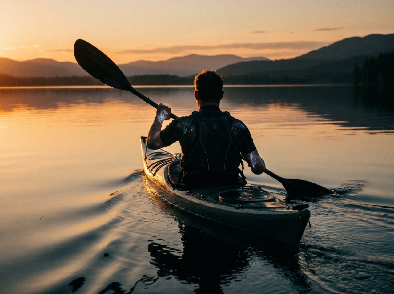 A kayak cutting across still water at golden hour