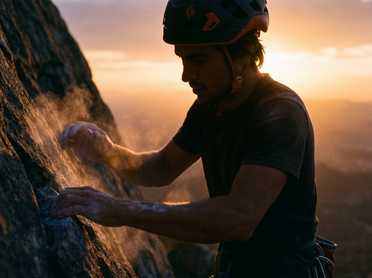 A climber high on rock against open sky