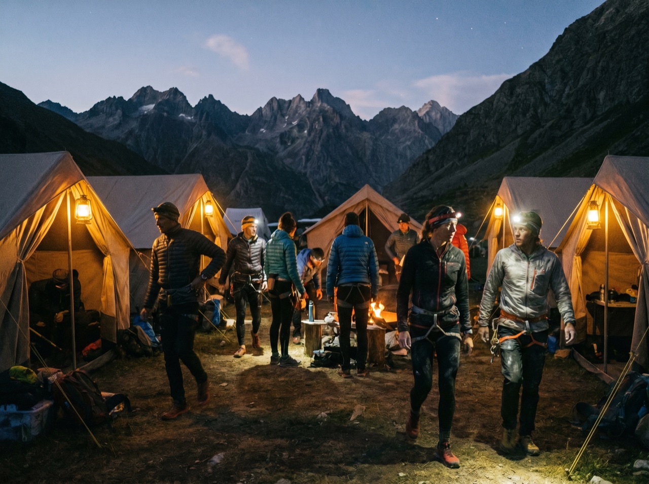 An adventure base camp glowing under an open evening sky