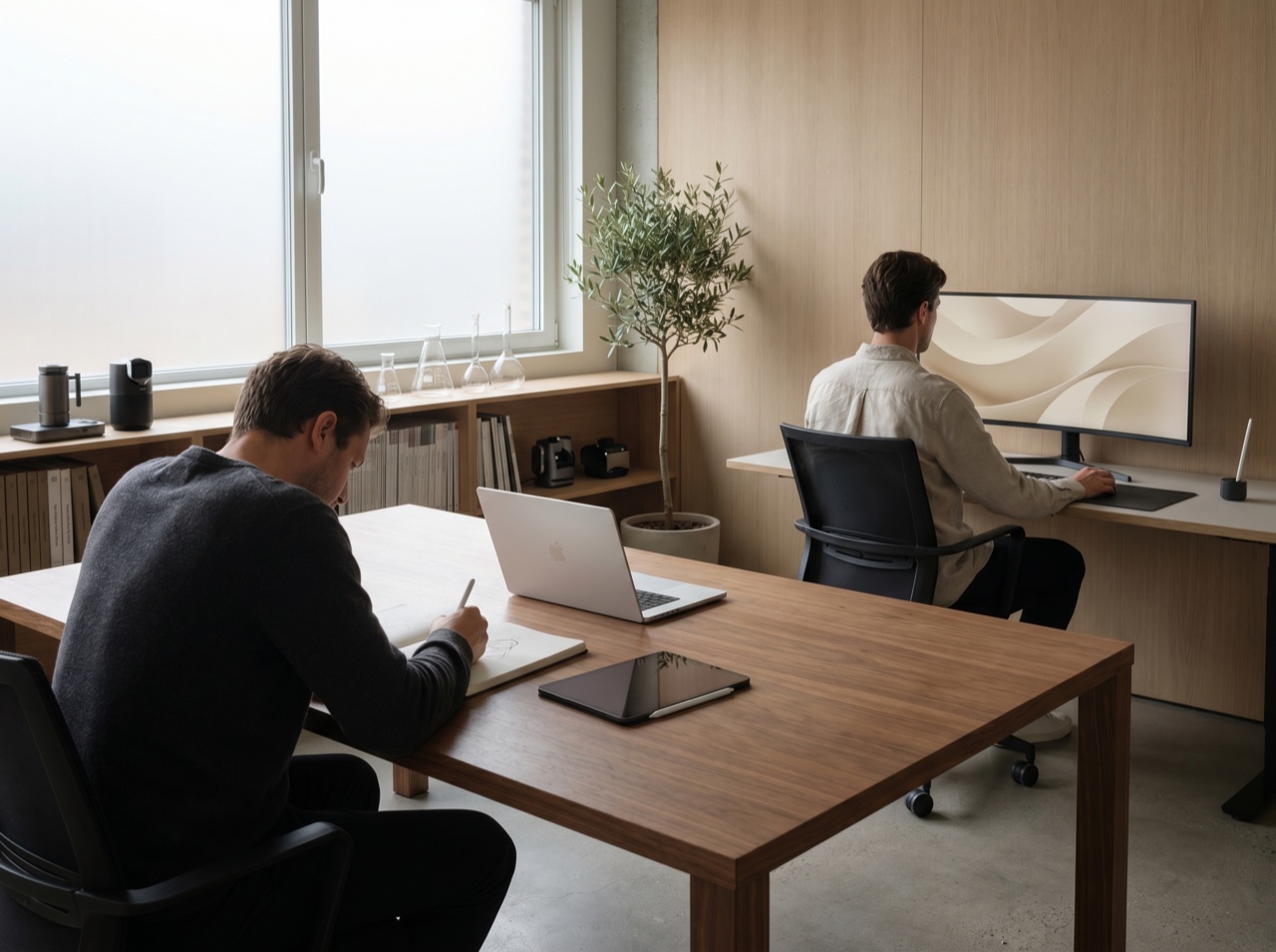 A focused AI research workspace with devices