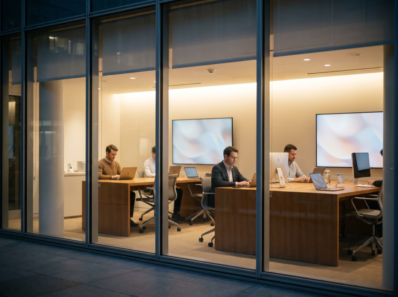 A modern research office at blue-hour dusk