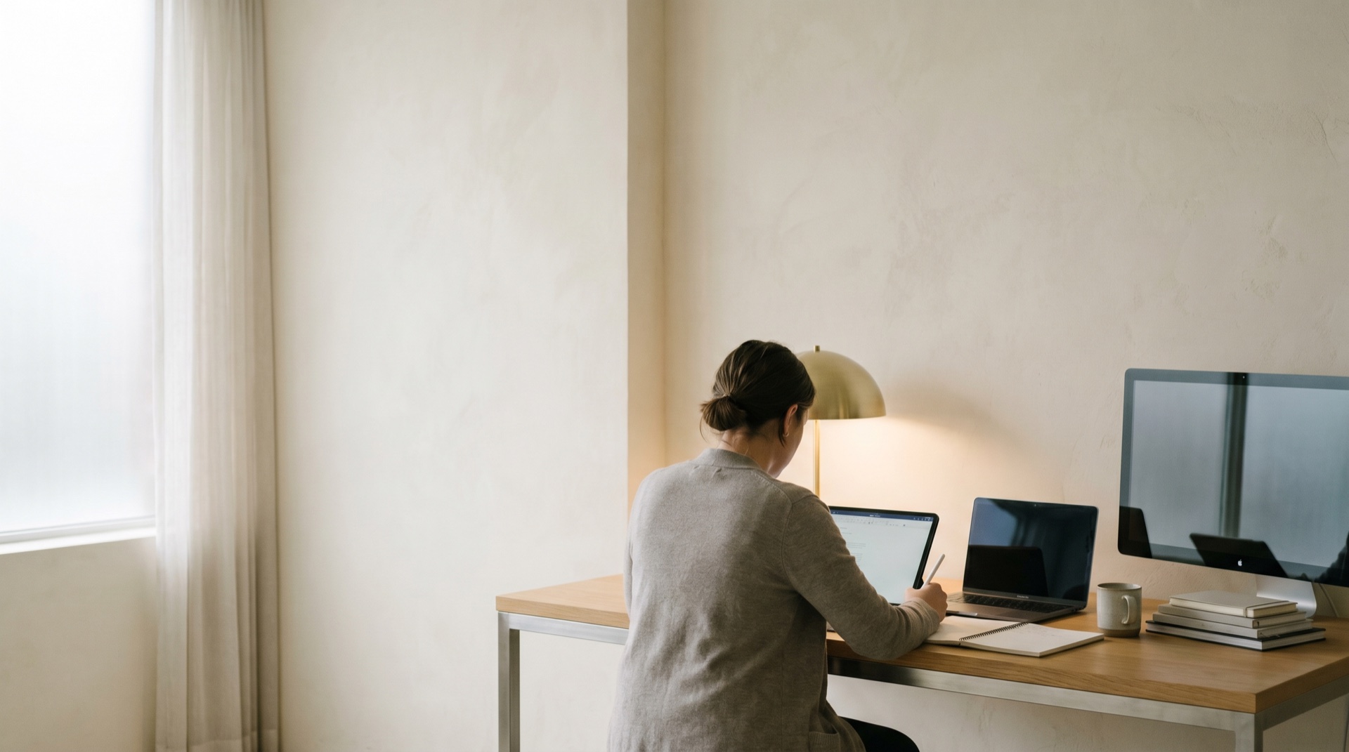 A calm, focused engineering workspace with devices