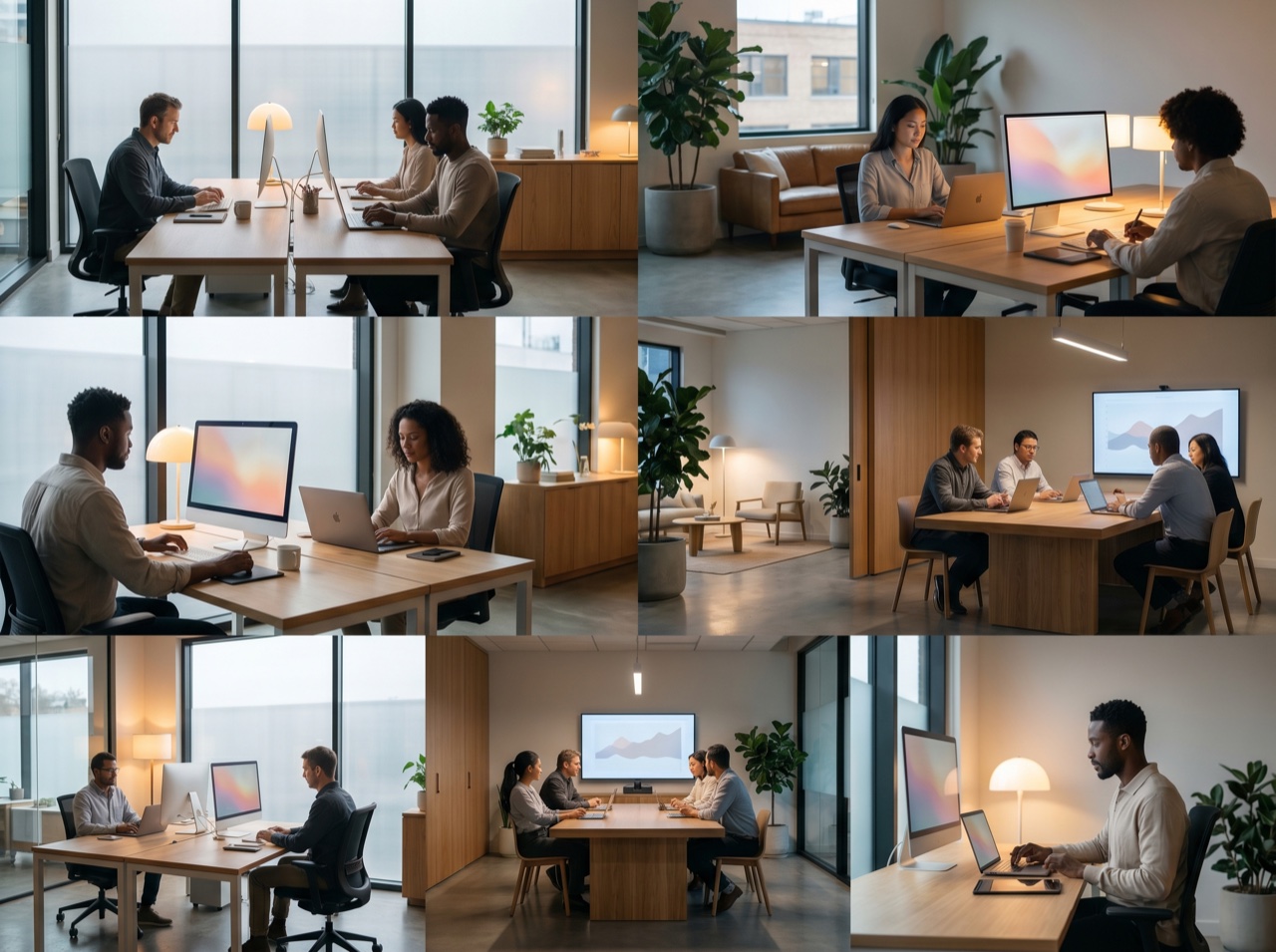 A modern app studio at blue-hour dusk