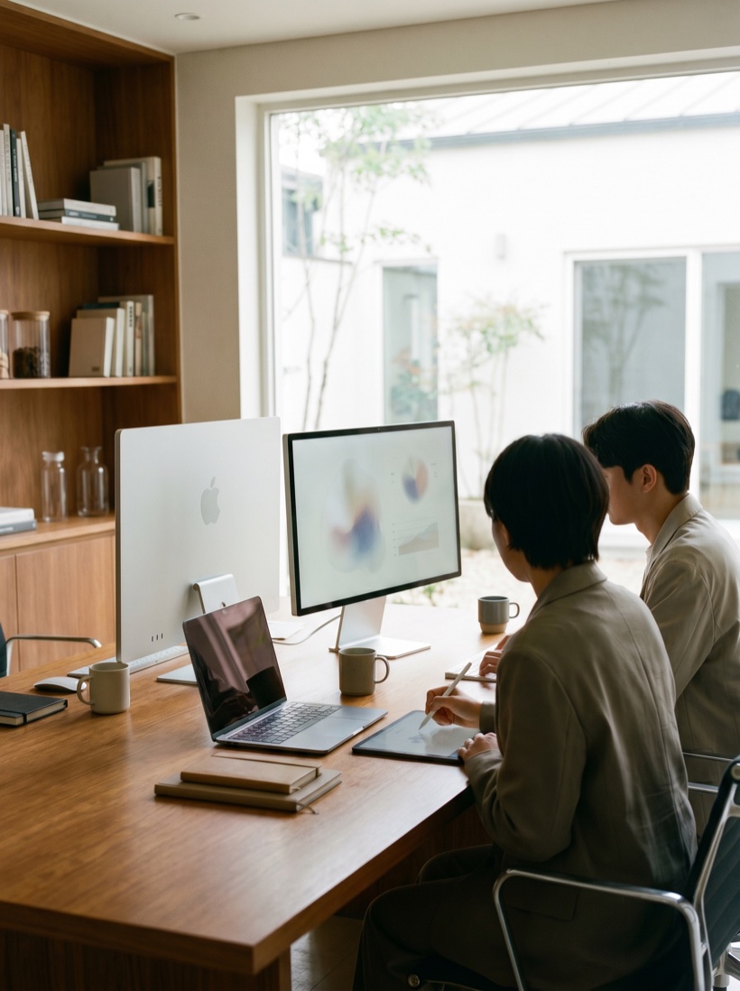 A calm, focused AI research workspace with devices and considered detail in soft light, premium